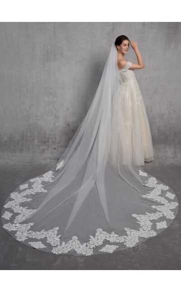 One-tier Lace Applique Edge Cathedral Bridal Veils With Lace